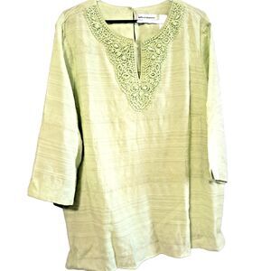 Alfred Dunner Crochet Bead Neck 3/4 Sleeve Green Tunic Top Plus Sz 20W